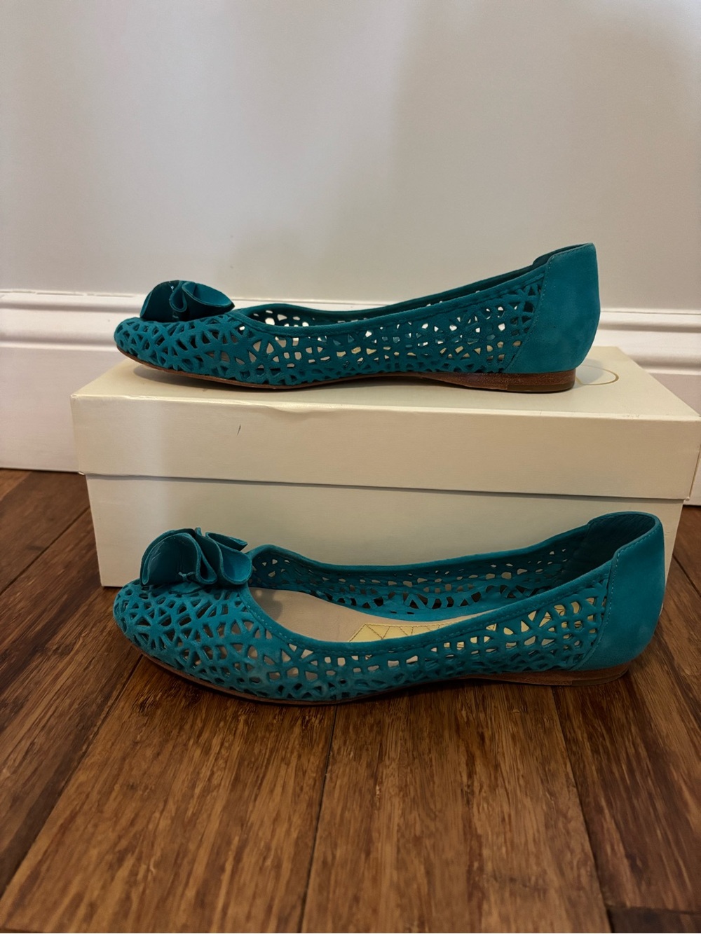 Joan & David Teal Laser-Cut Bow Ballet Flats